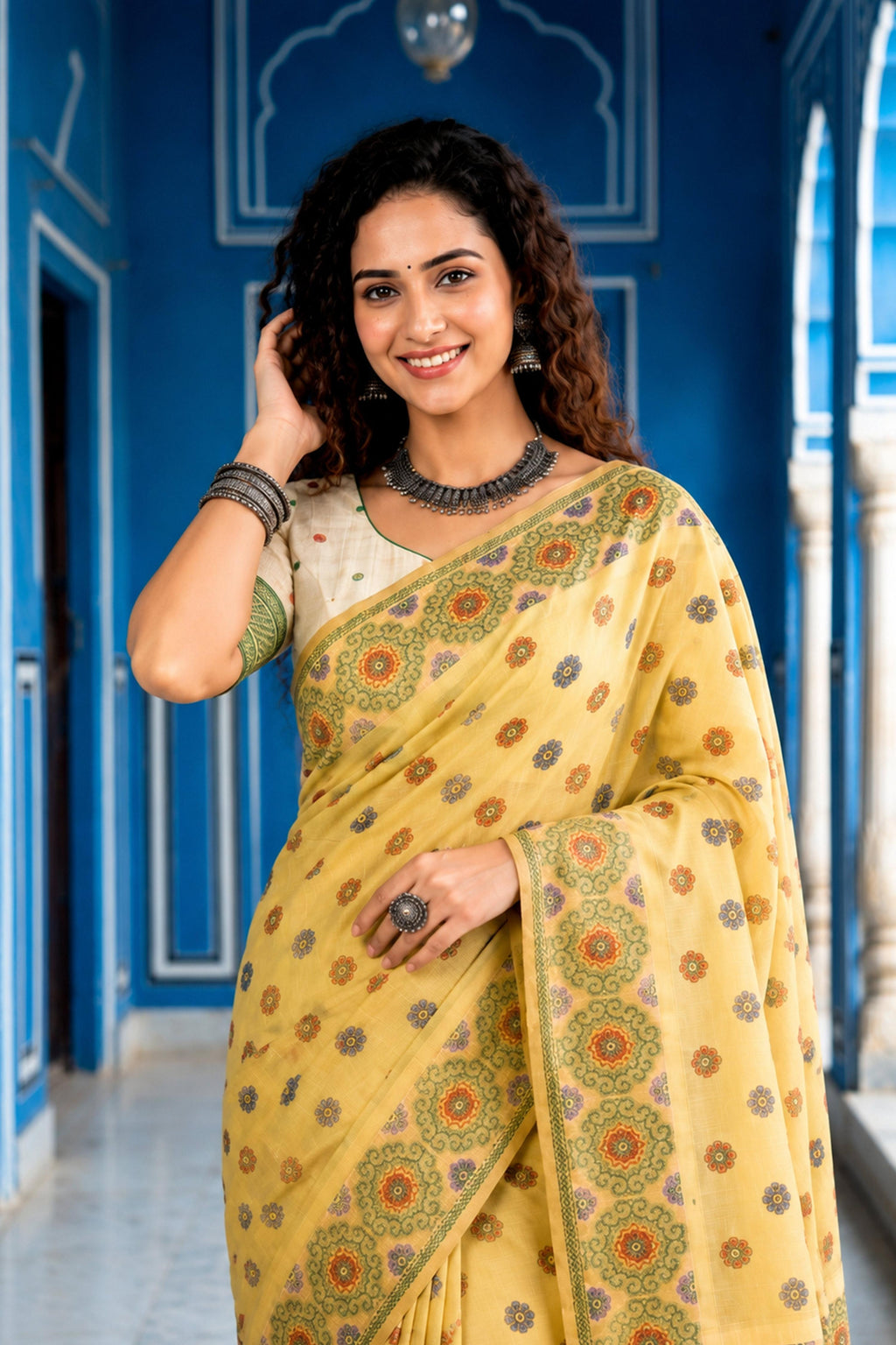 Sangam Prints Lemon Yellow Cotton Blend Woven Work Traditional Saree | Grocsy