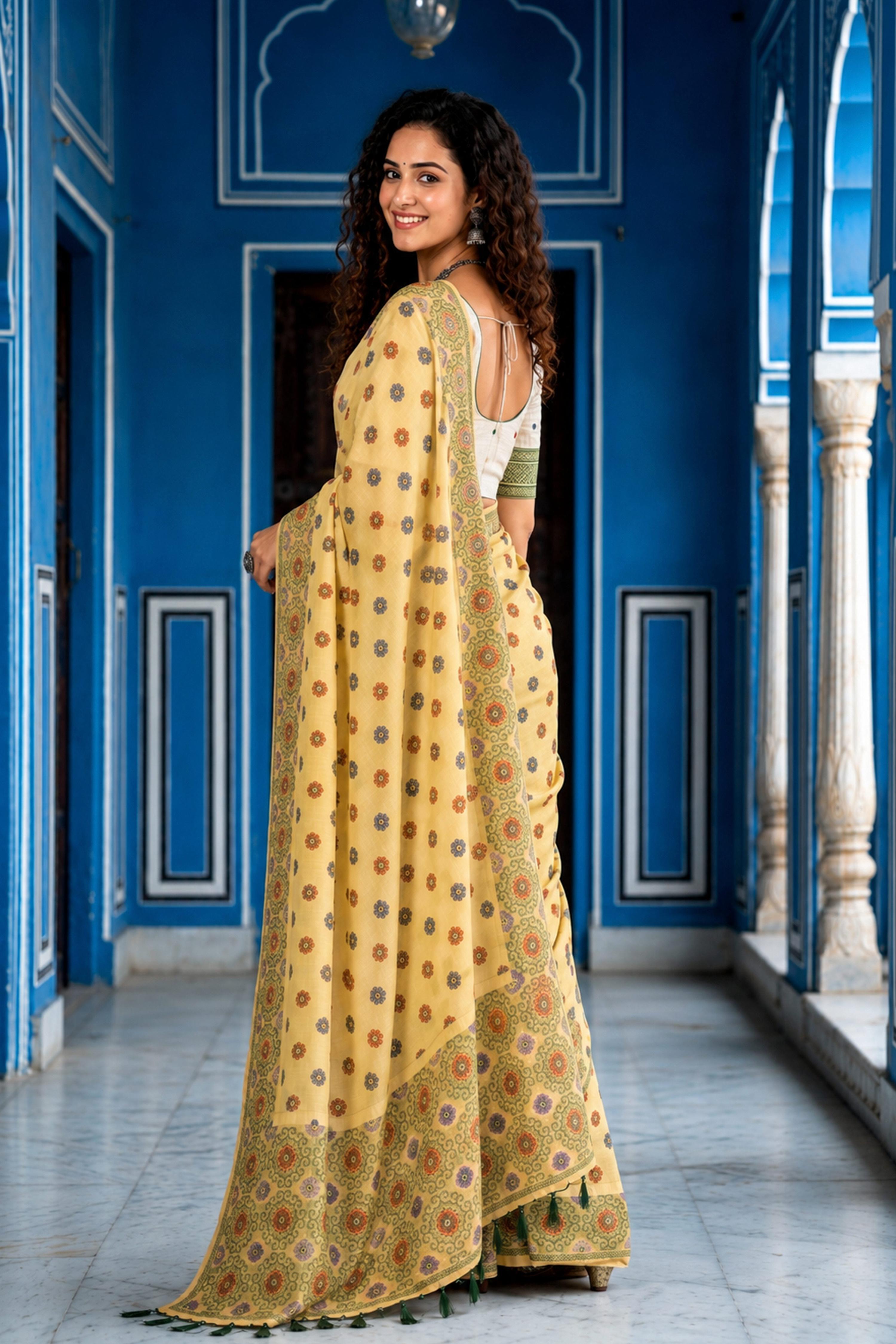 Sangam Prints Lemon Yellow Cotton Blend Woven Work Traditional Saree | Grocsy