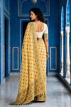 Sangam Prints Lemon Yellow Cotton Blend Woven Work Traditional Saree | Grocsy