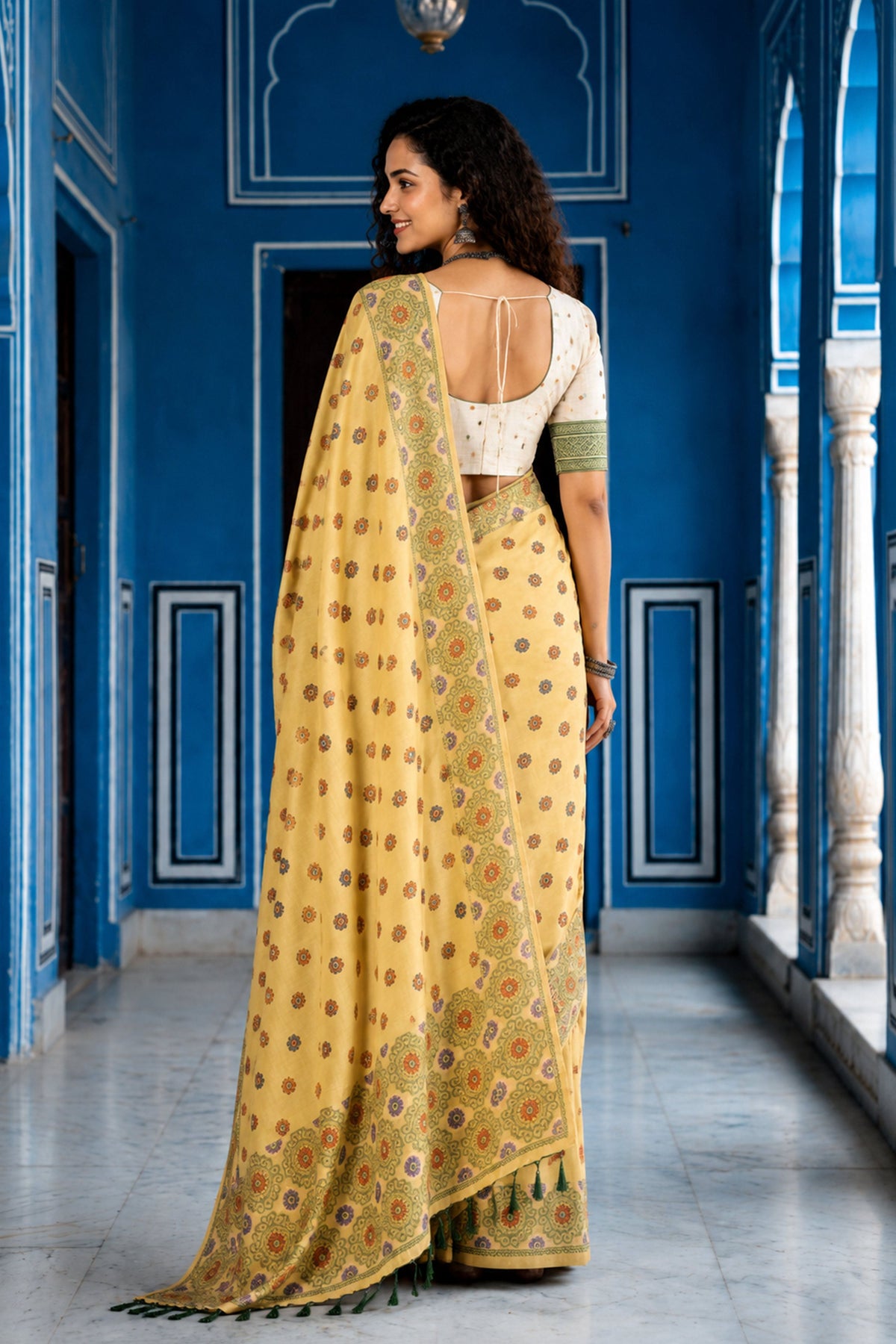 Sangam Prints Lemon Yellow Cotton Blend Woven Work Traditional Saree | Grocsy