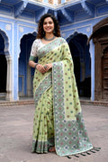 Sangam Prints Pastel Green Cotton Blend Woven Work Traditional Saree | Grocsy