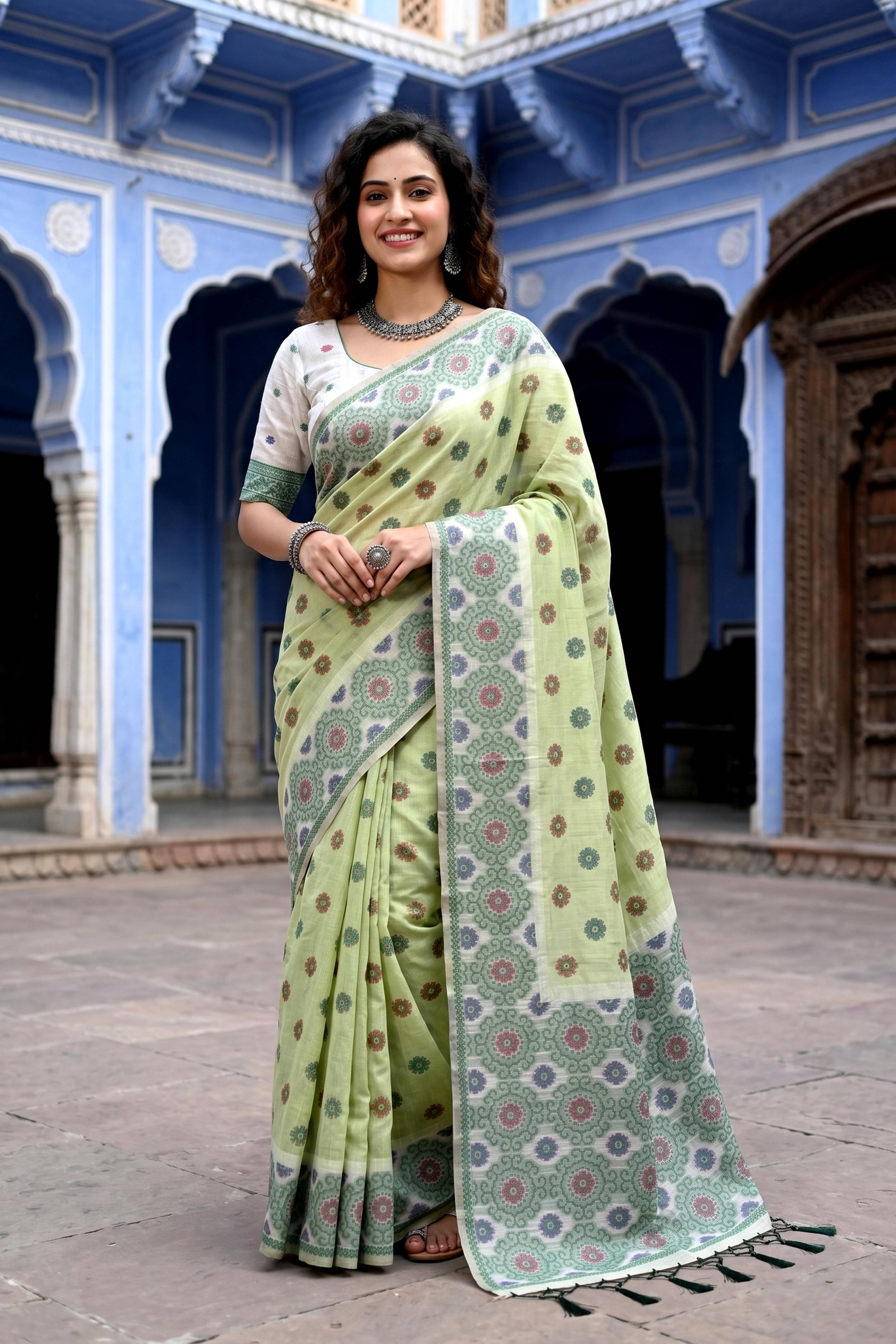 Sangam Prints Pastel Green Cotton Blend Woven Work Traditional Saree | Grocsy