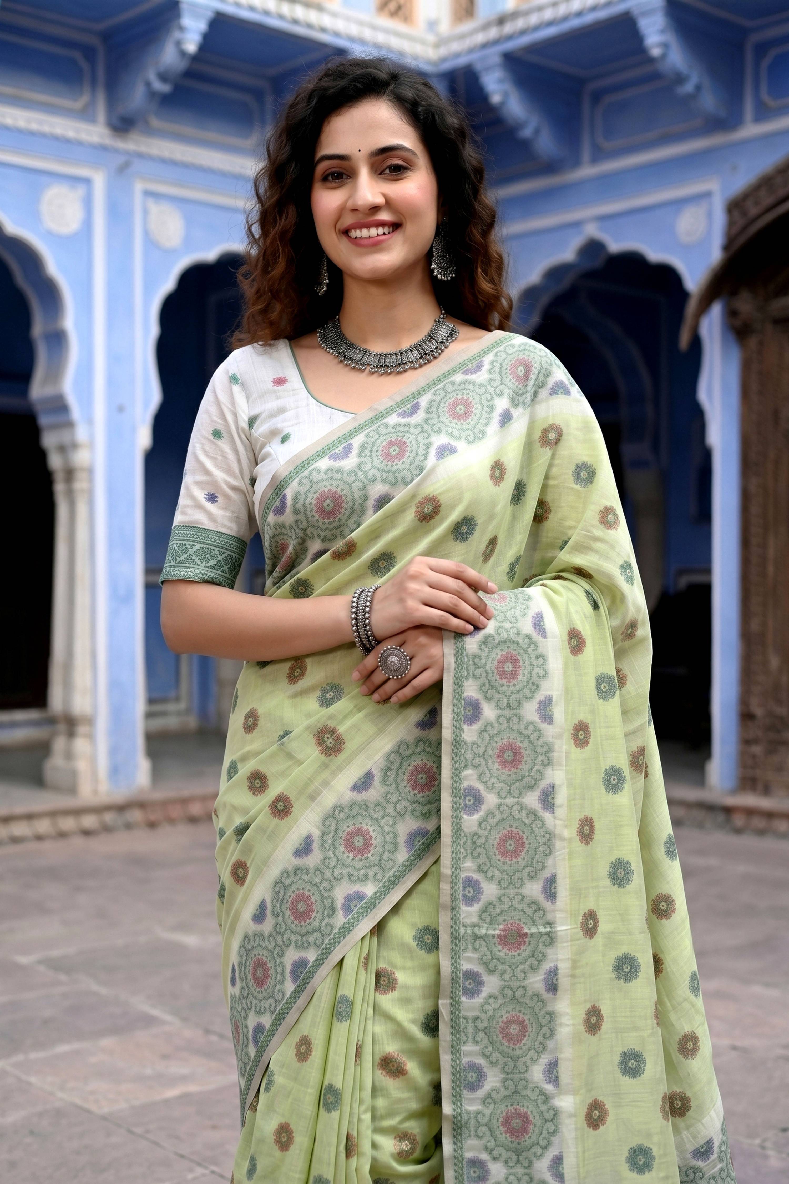 Sangam Prints Pastel Green Cotton Blend Woven Work Traditional Saree | Grocsy