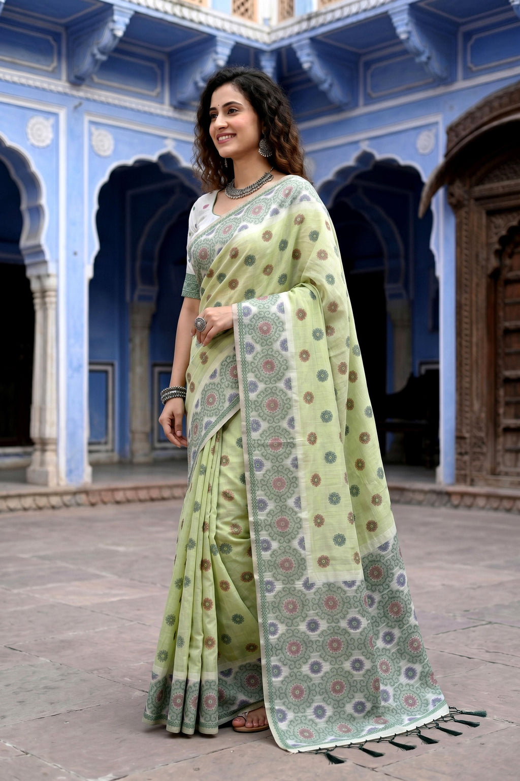 Sangam Prints Pastel Green Cotton Blend Woven Work Traditional Saree | Grocsy