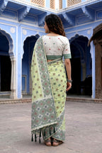 Sangam Prints Pastel Green Cotton Blend Woven Work Traditional Saree | Grocsy