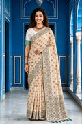 Sangam Prints Beige Cotton Blend Woven Work Traditional Saree | Grocsy