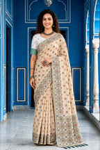 Sangam Prints Beige Cotton Blend Woven Work Traditional Saree | Grocsy