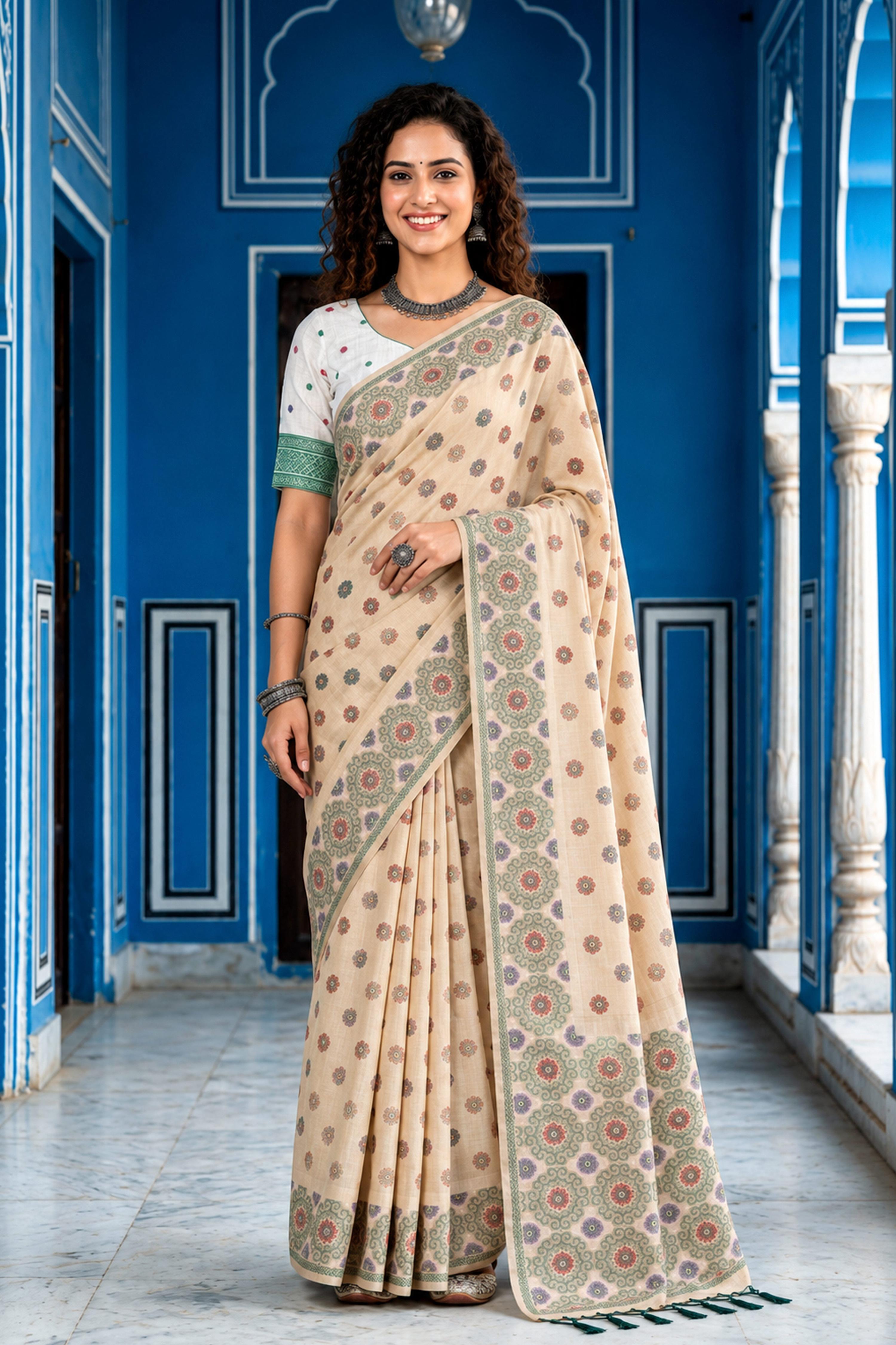 Sangam Prints Beige Cotton Blend Woven Work Traditional Saree | Grocsy