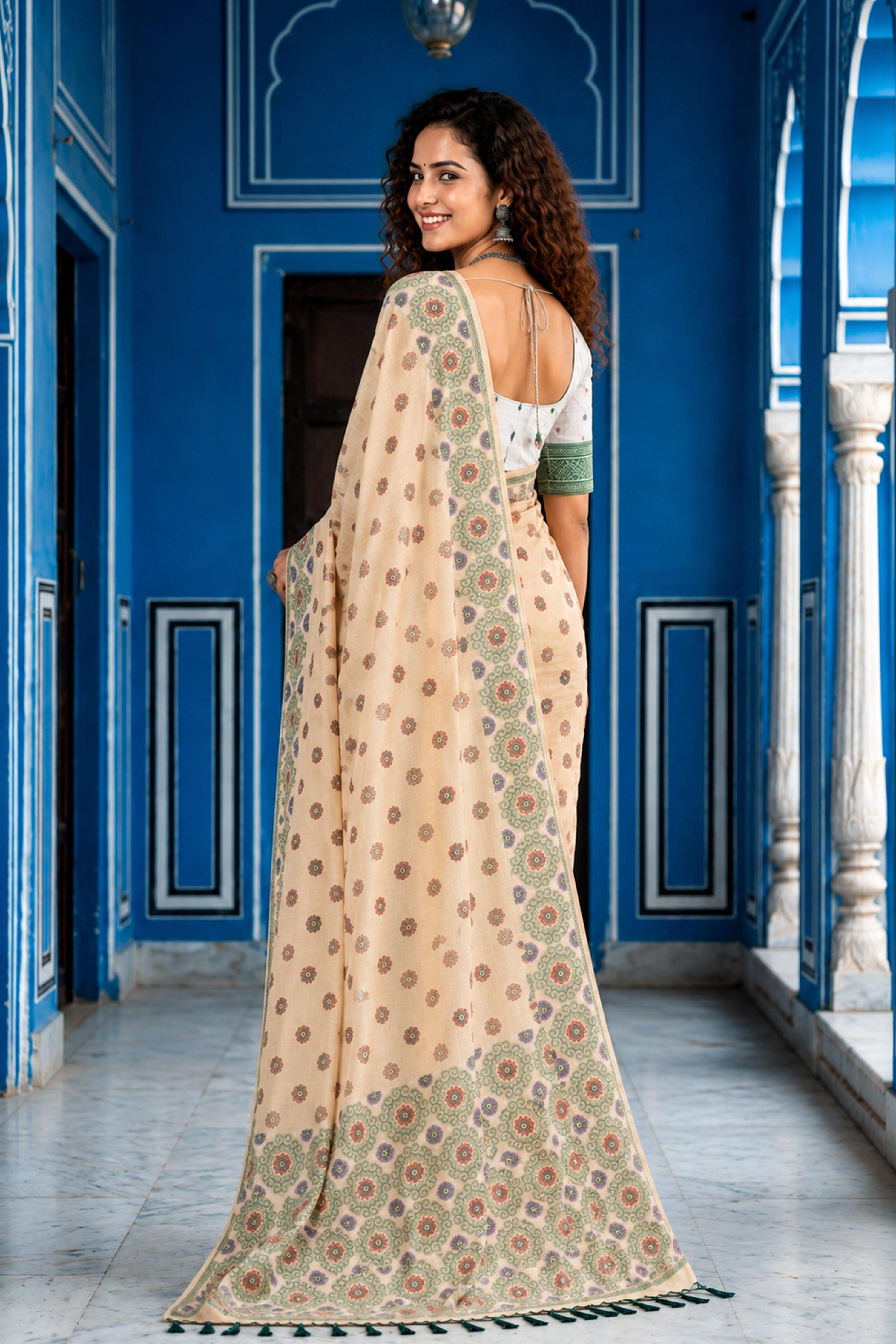 Sangam Prints Beige Cotton Blend Woven Work Traditional Saree | Grocsy