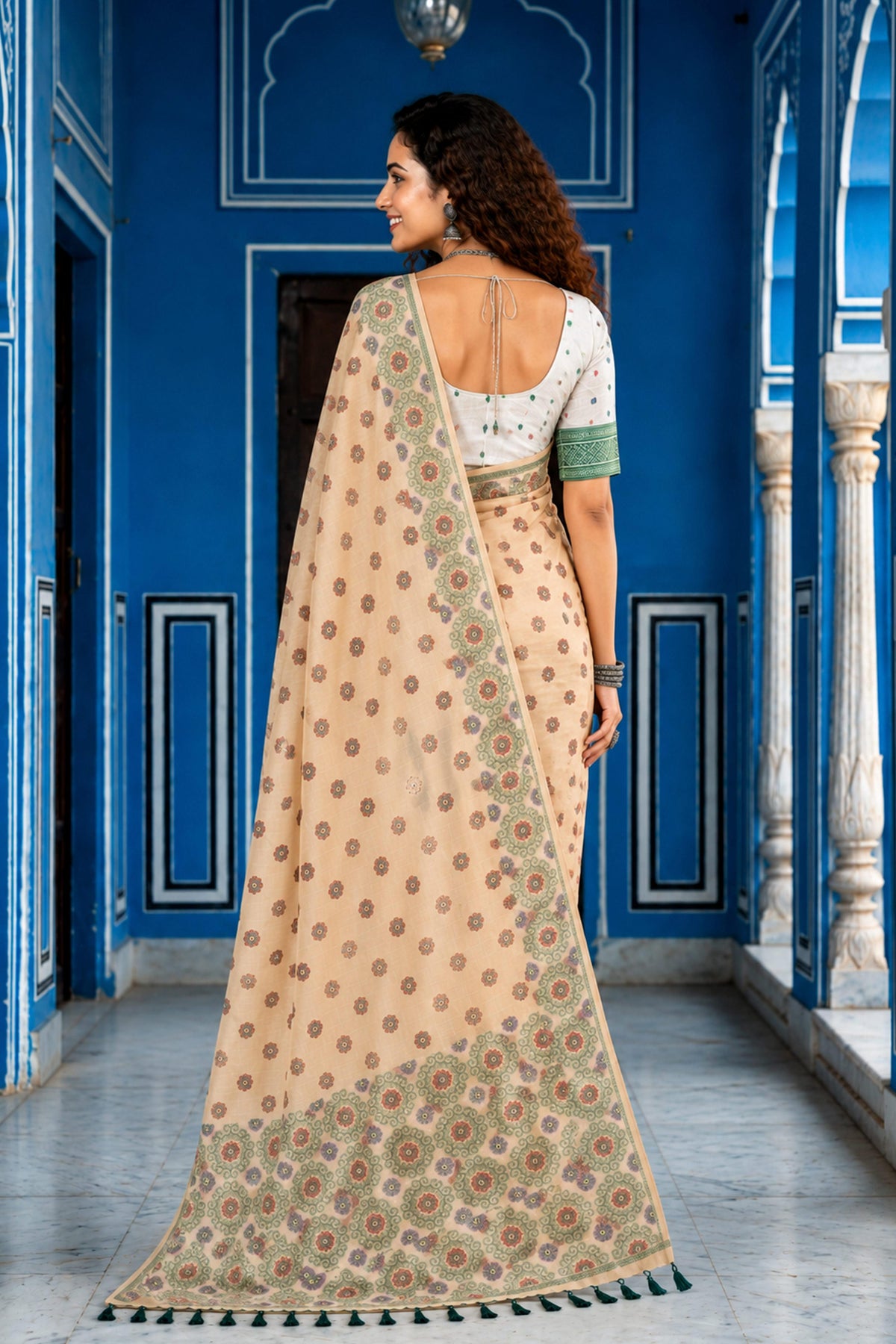 Sangam Prints Beige Cotton Blend Woven Work Traditional Saree | Grocsy
