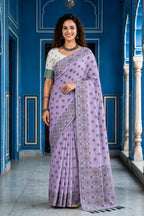 Sangam Prints Baby Pink Cotton Blend Woven Work Traditional Saree | Grocsy