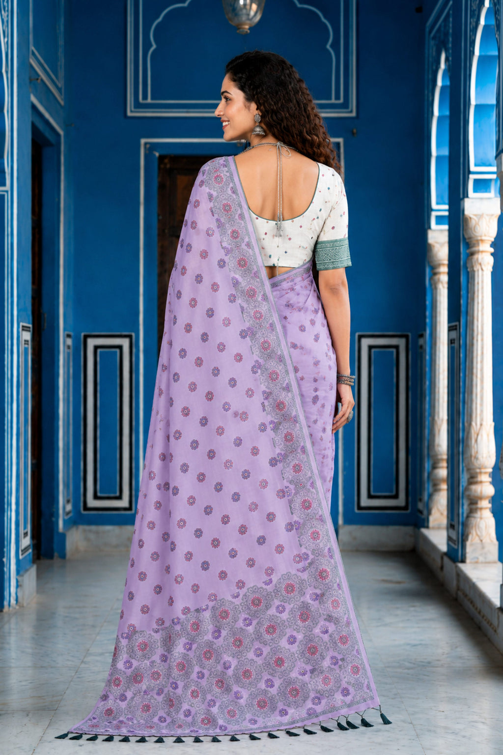 Sangam Prints Baby Pink Cotton Blend Woven Work Traditional Saree | Grocsy