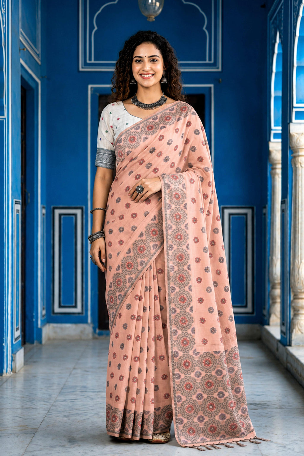 Sangam Prints Blush Pink Cotton Blend Woven Work Traditional Saree | Grocsy