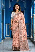 Sangam Prints Blush Pink Cotton Blend Woven Work Traditional Saree | Grocsy