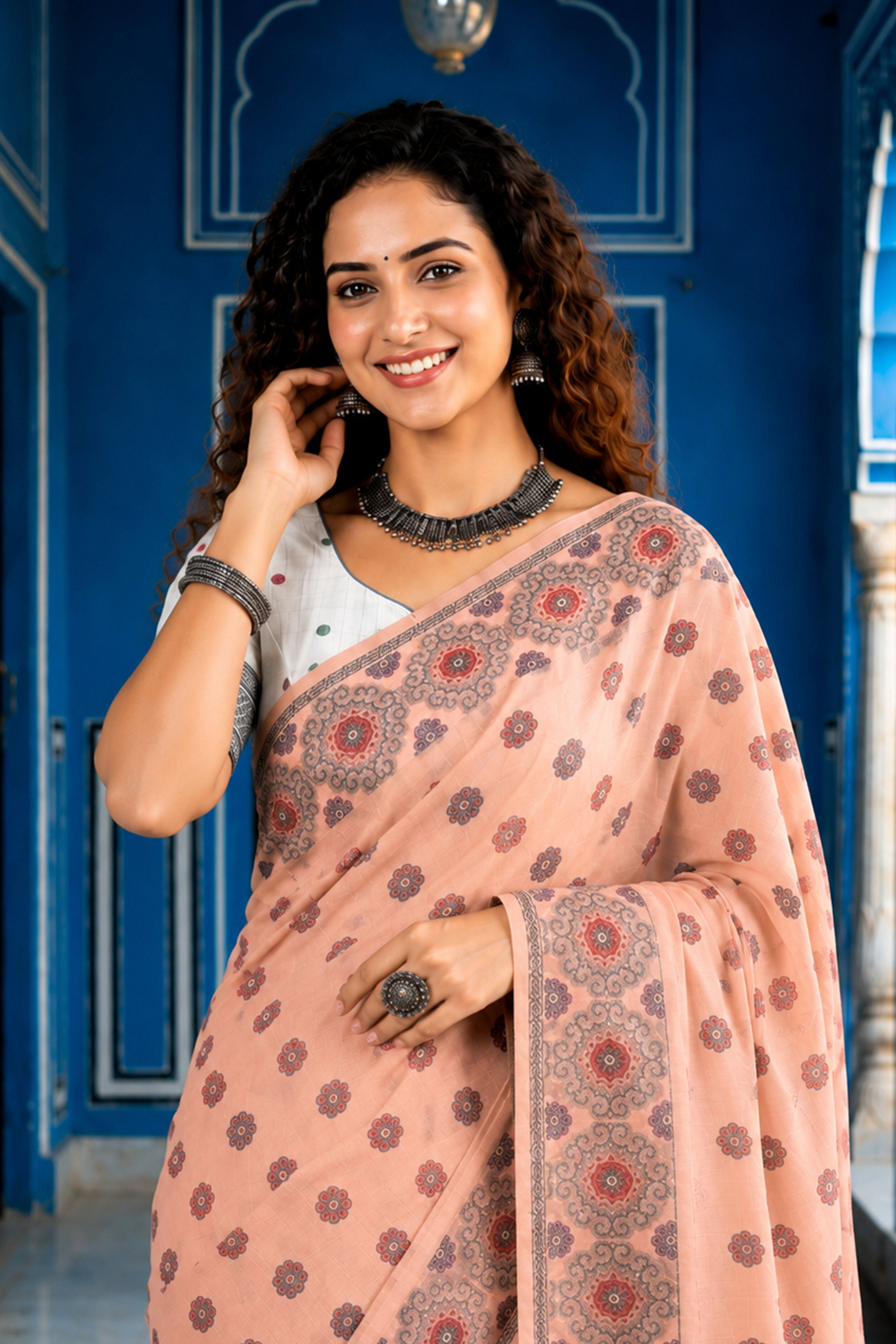Sangam Prints Blush Pink Cotton Blend Woven Work Traditional Saree | Grocsy