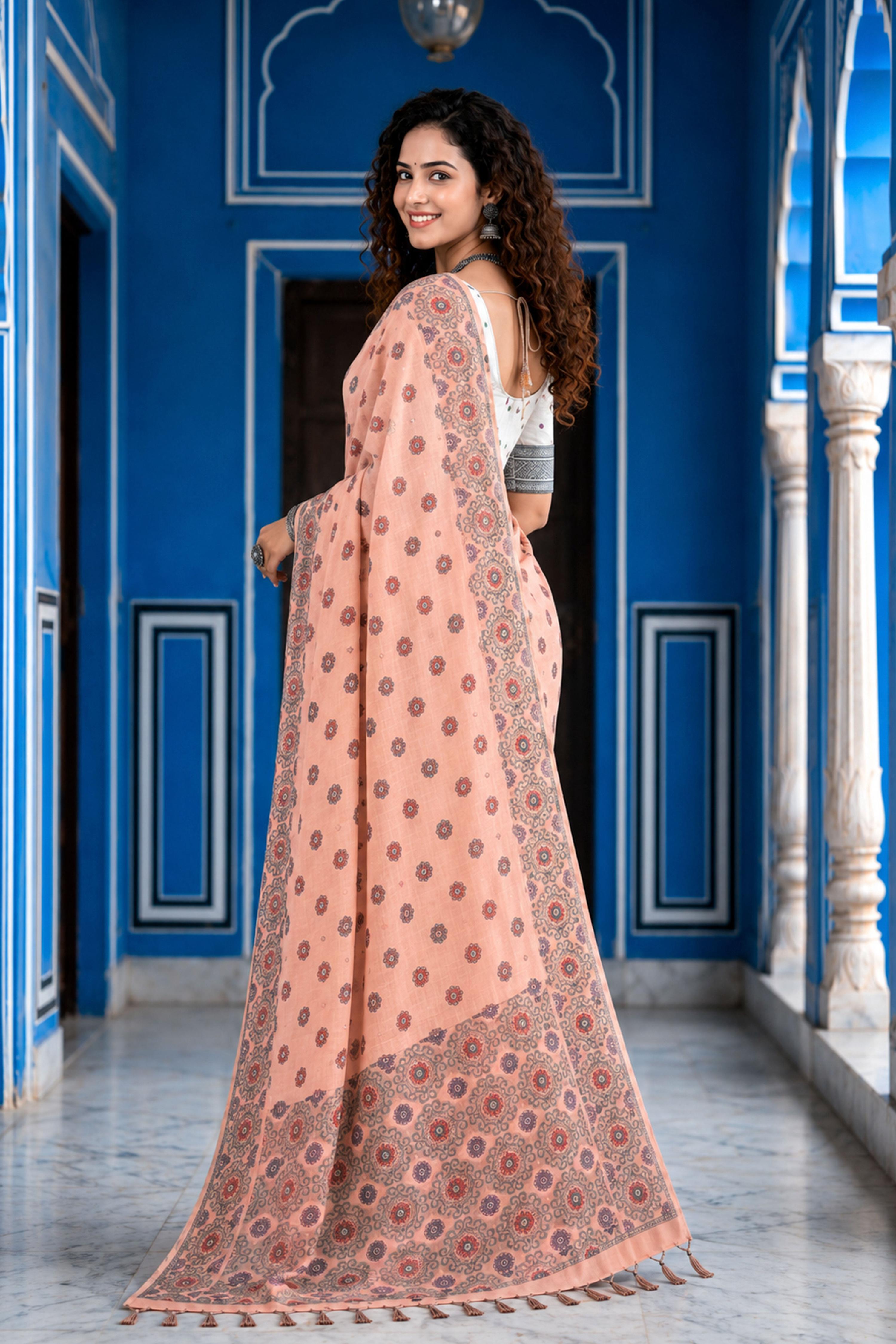 Sangam Prints Blush Pink Cotton Blend Woven Work Traditional Saree | Grocsy