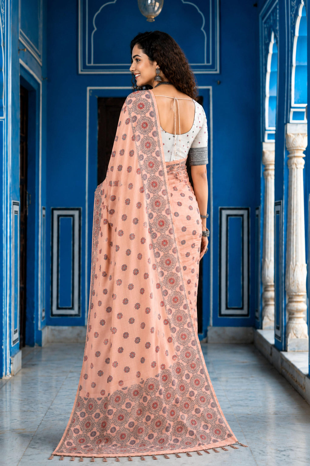 Sangam Prints Blush Pink Cotton Blend Woven Work Traditional Saree | Grocsy