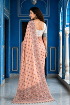 Sangam Prints Blush Pink Cotton Blend Woven Work Traditional Saree | Grocsy