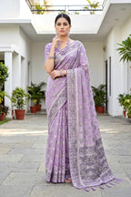 Sangam Prints Lavender Purple Cotton Blend Woven Work Traditional Saree | Grocsy