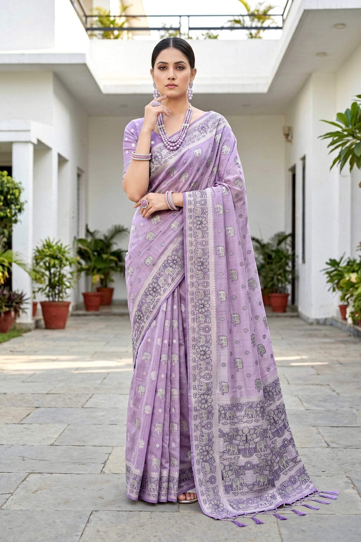 Sangam Prints Lavender Purple Cotton Blend Woven Work Traditional Saree | Grocsy