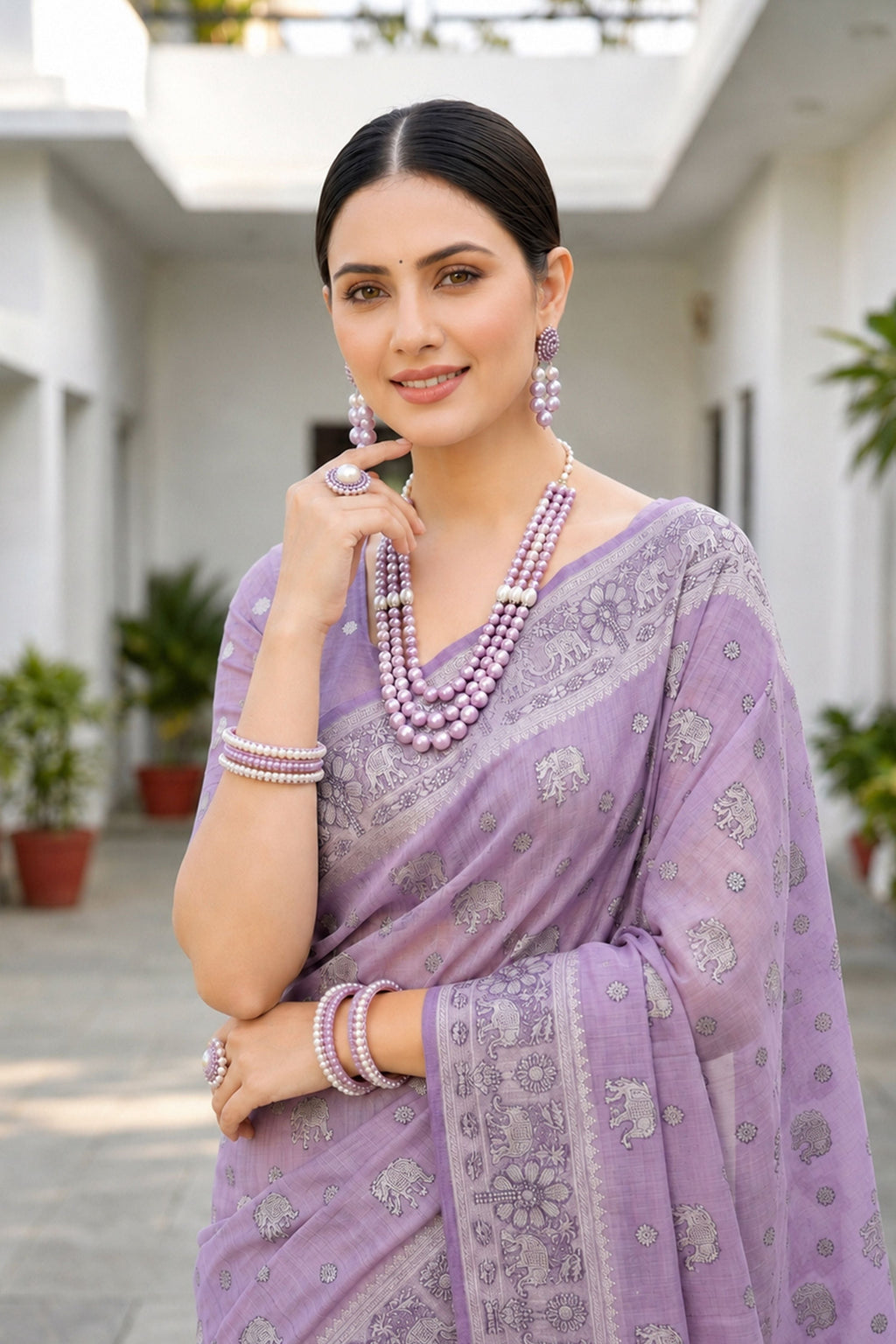 Sangam Prints Lavender Purple Cotton Blend Woven Work Traditional Saree | Grocsy