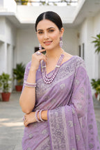 Sangam Prints Lavender Purple Cotton Blend Woven Work Traditional Saree | Grocsy