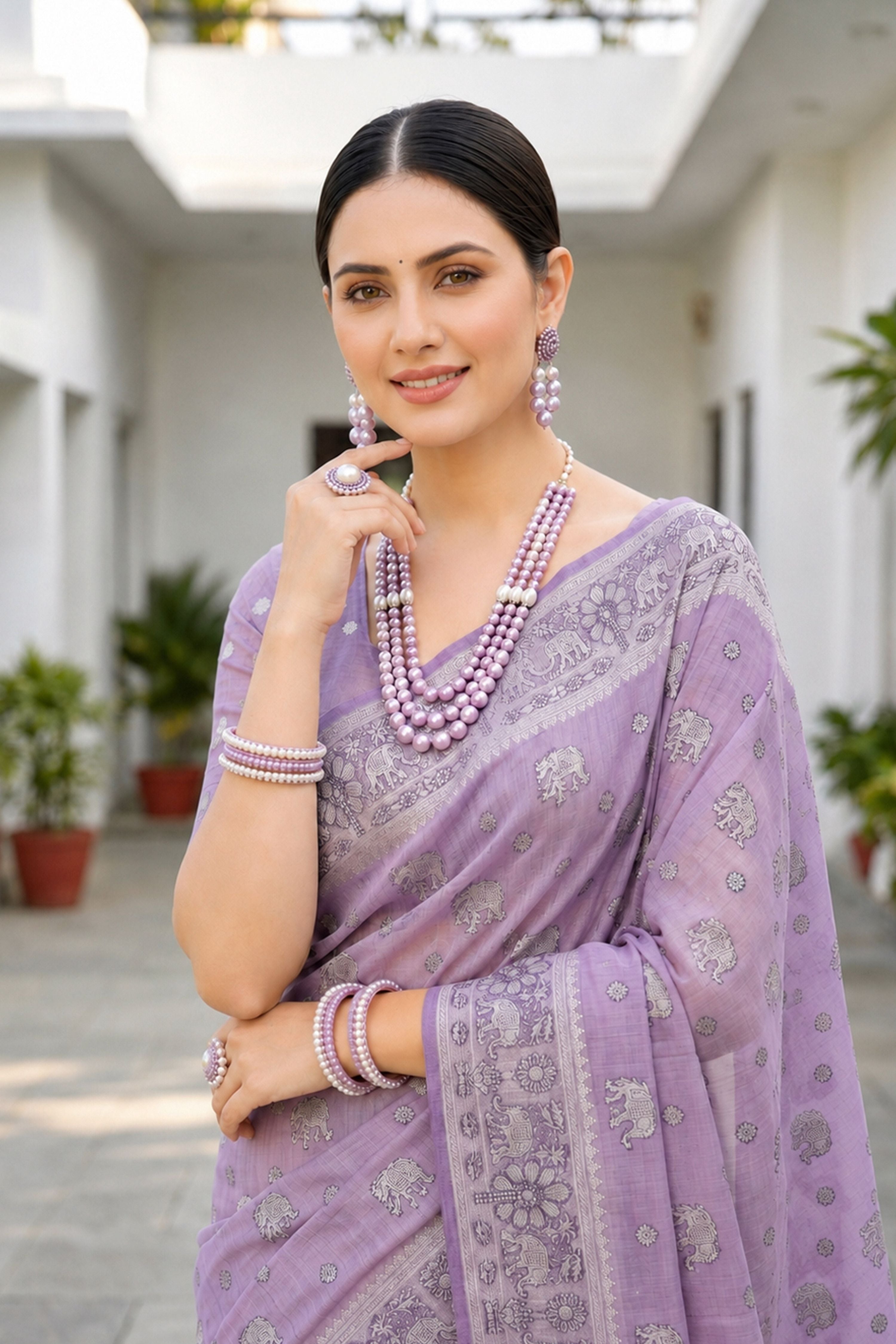 Sangam Prints Lavender Purple Cotton Blend Woven Work Traditional Saree | Grocsy
