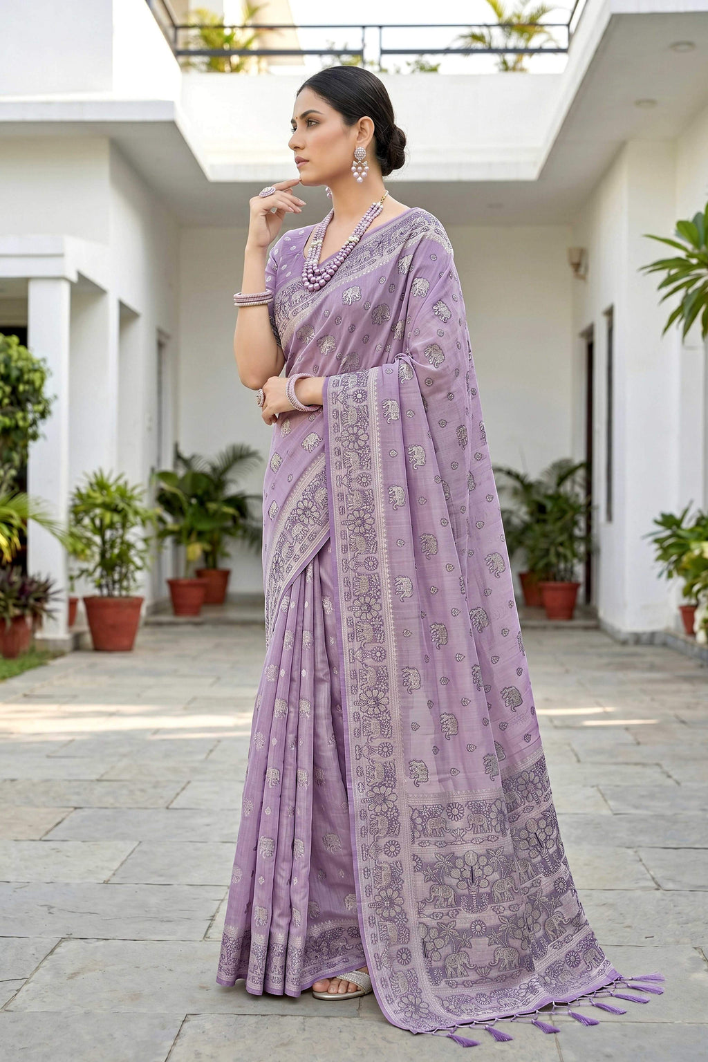 Sangam Prints Lavender Purple Cotton Blend Woven Work Traditional Saree | Grocsy