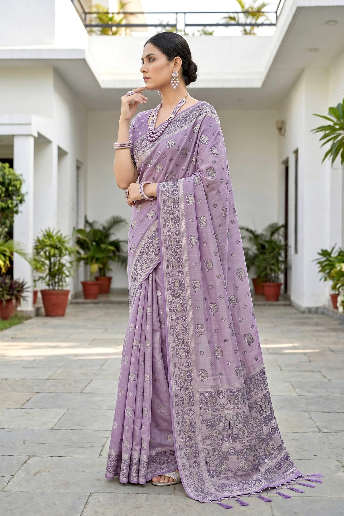 Sangam Prints Lavender Purple Cotton Blend Woven Work Traditional Saree | Grocsy