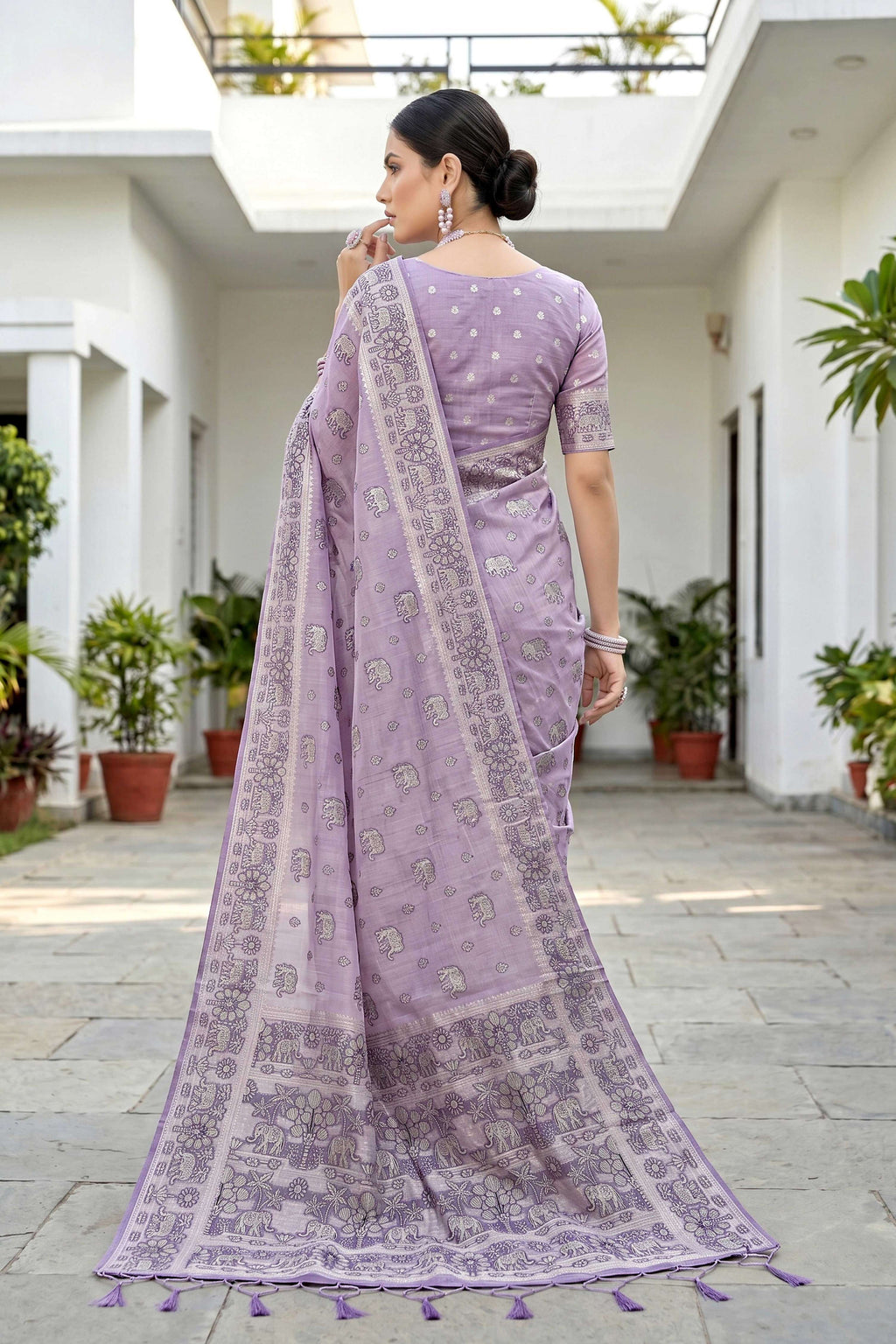 Sangam Prints Lavender Purple Cotton Blend Woven Work Traditional Saree | Grocsy