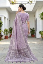 Sangam Prints Lavender Purple Cotton Blend Woven Work Traditional Saree | Grocsy