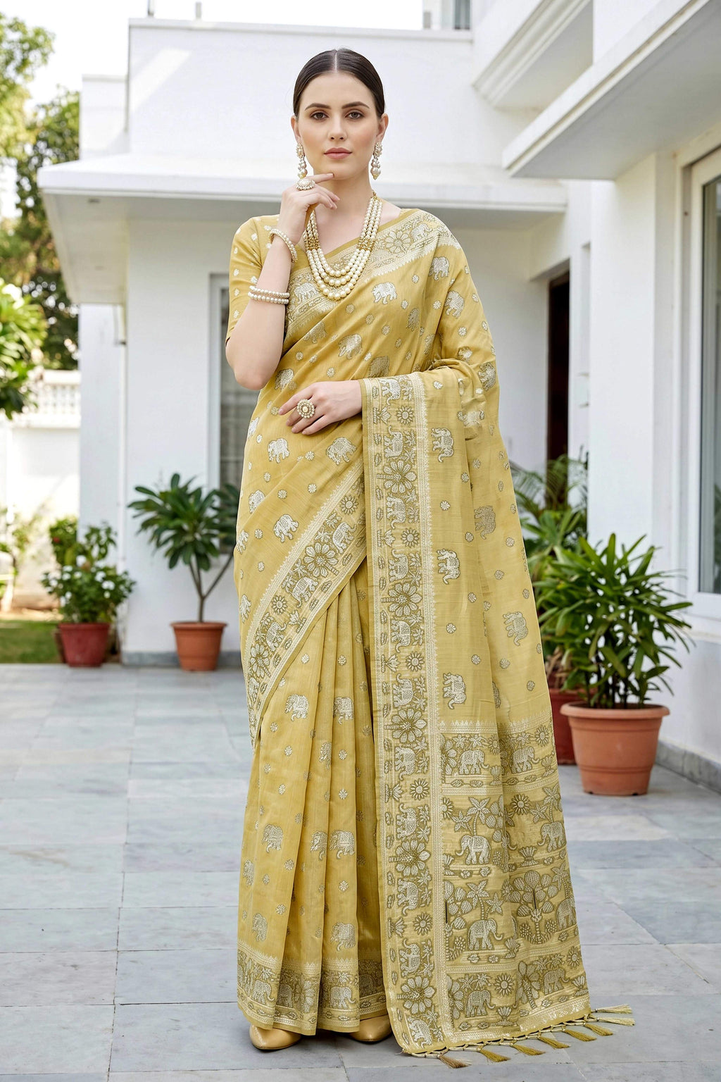 Sangam Prints Mustard Gold Cotton Blend Woven Work Traditional Saree | Grocsy