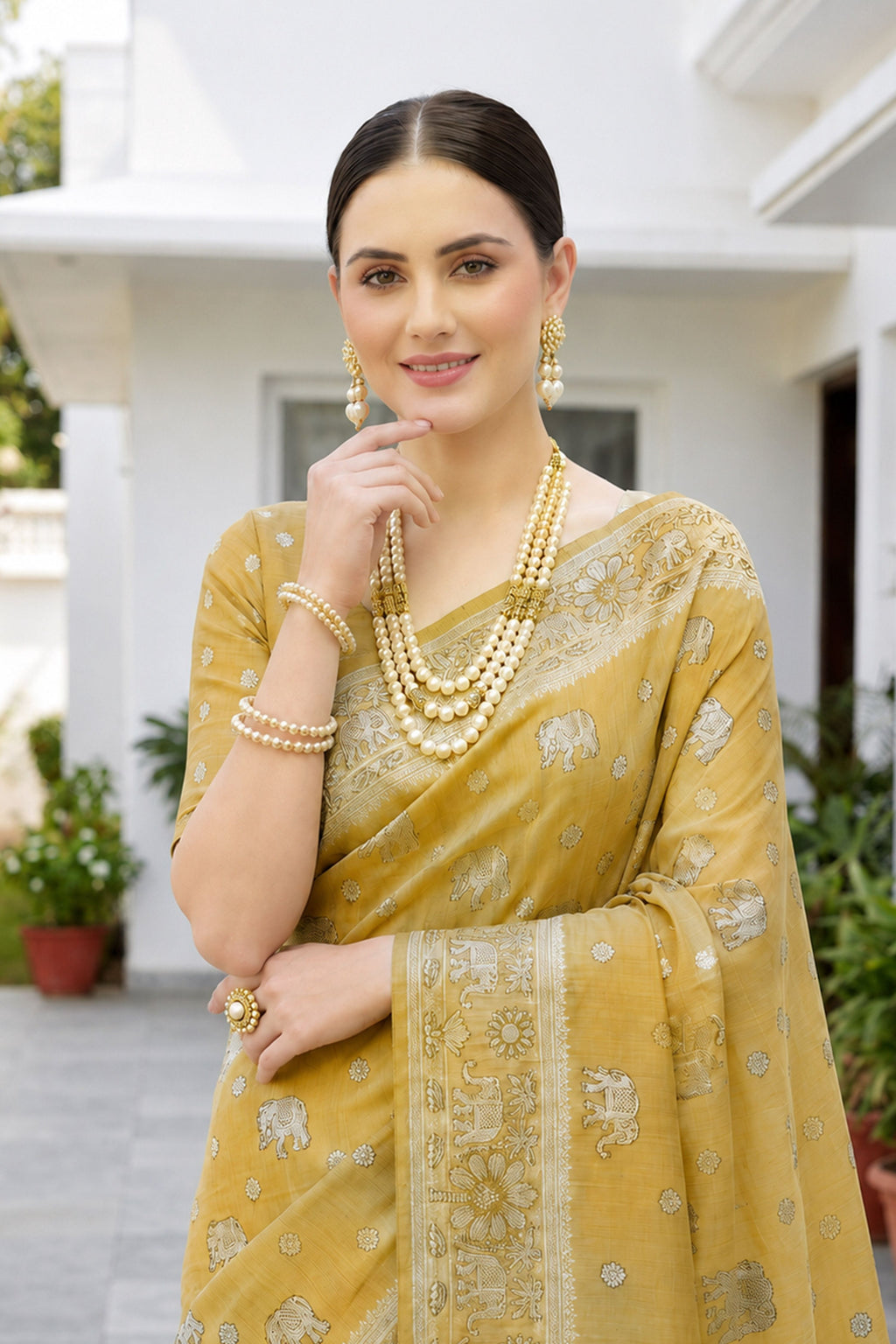 Sangam Prints Mustard Gold Cotton Blend Woven Work Traditional Saree | Grocsy