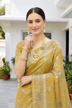 Sangam Prints Mustard Gold Cotton Blend Woven Work Traditional Saree | Grocsy