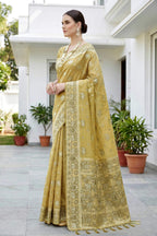 Sangam Prints Mustard Gold Cotton Blend Woven Work Traditional Saree | Grocsy
