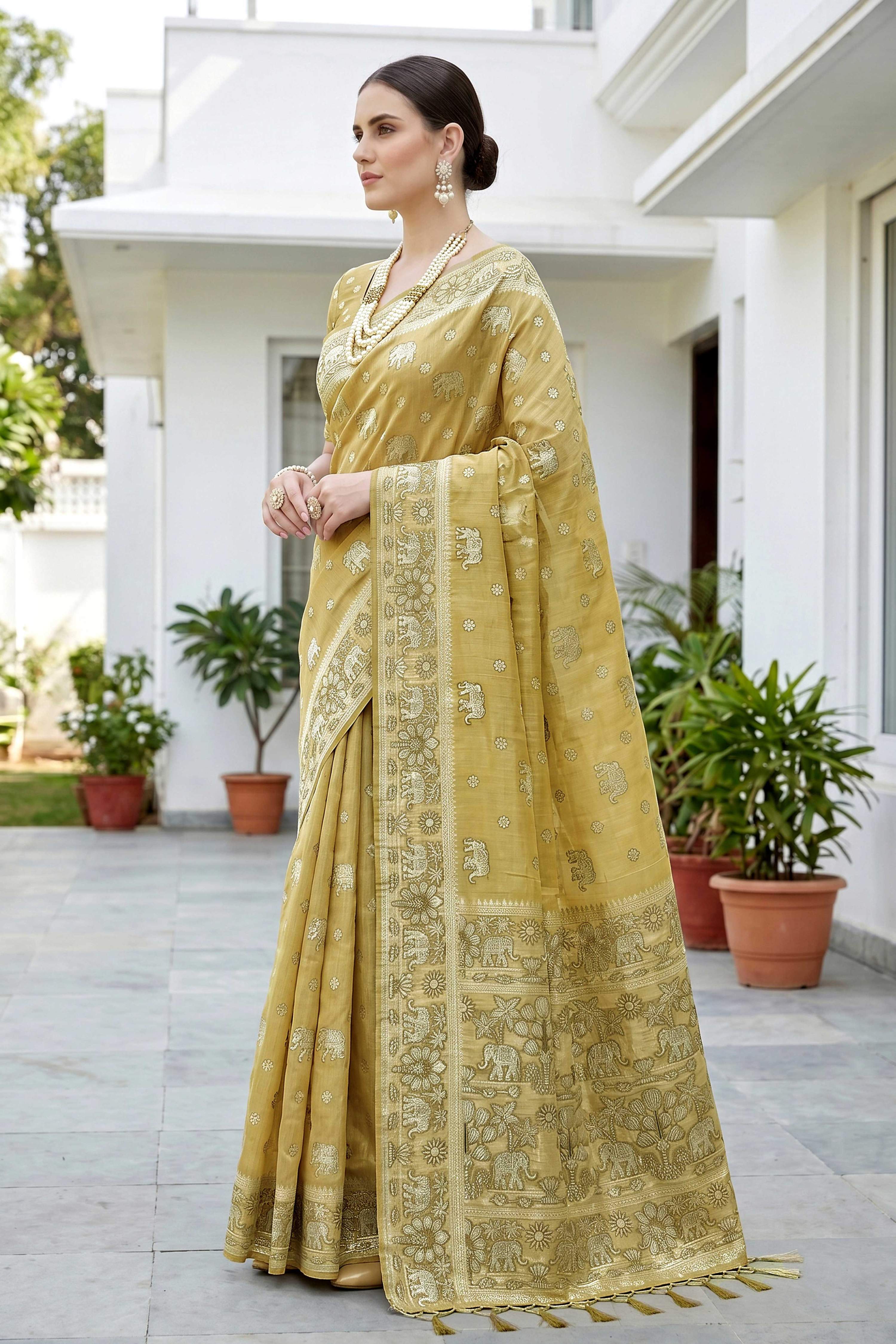Sangam Prints Mustard Gold Cotton Blend Woven Work Traditional Saree | Grocsy