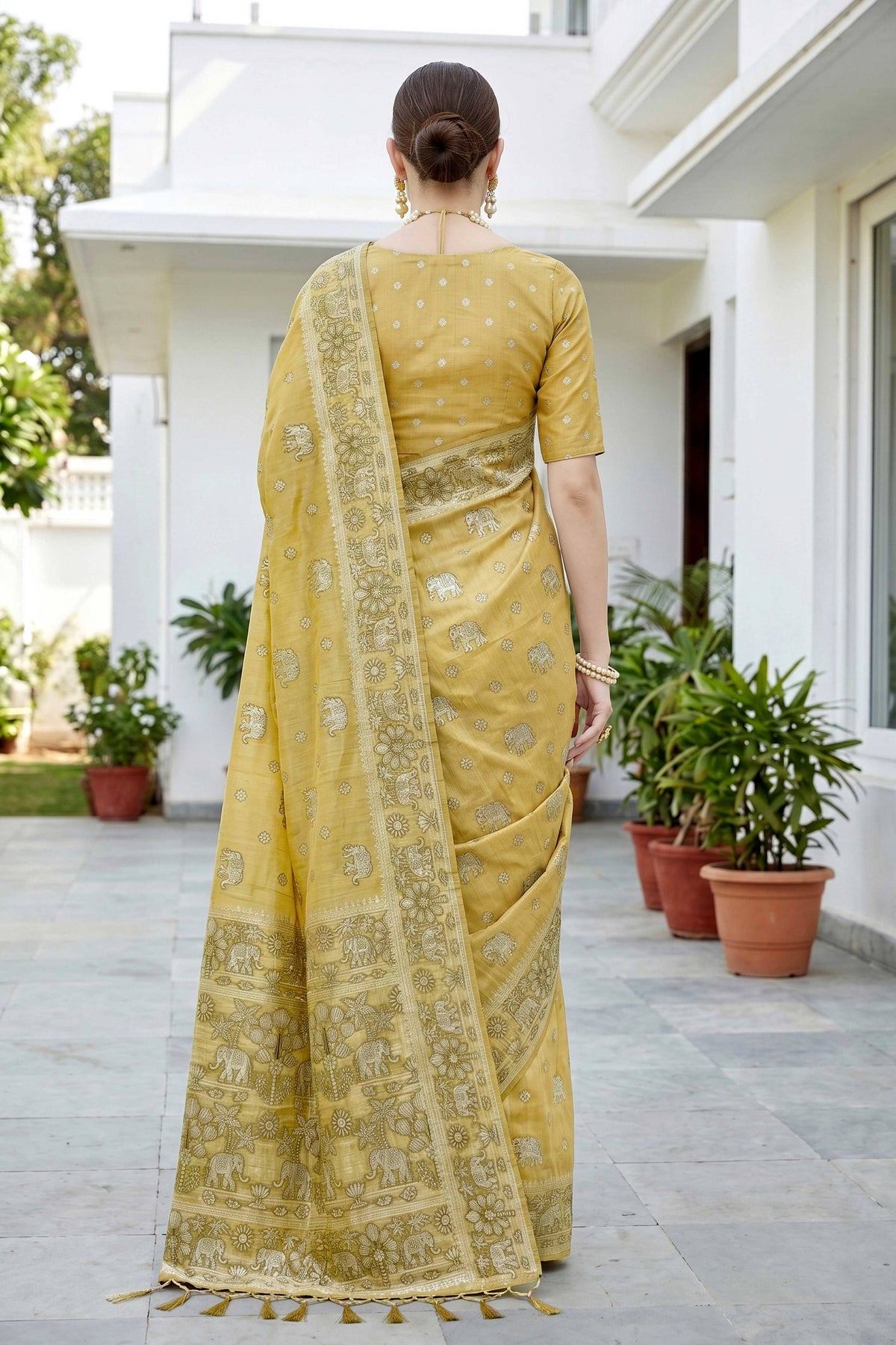 Sangam Prints Mustard Gold Cotton Blend Woven Work Traditional Saree | Grocsy