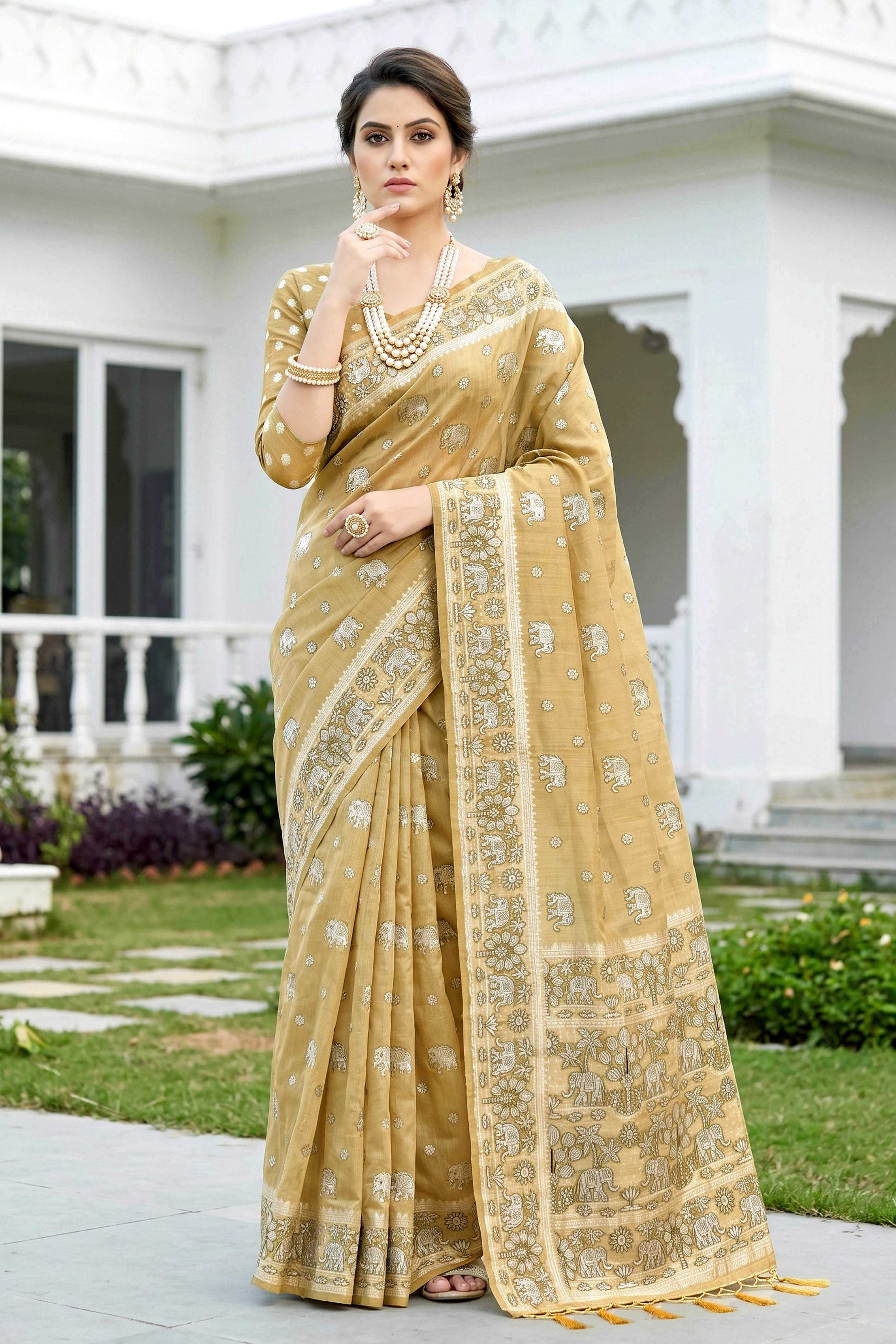 Sangam Prints Honey Gold Cotton Blend Woven Work Traditional Saree | Grocsy