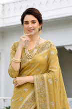 Sangam Prints Honey Gold Cotton Blend Woven Work Traditional Saree | Grocsy