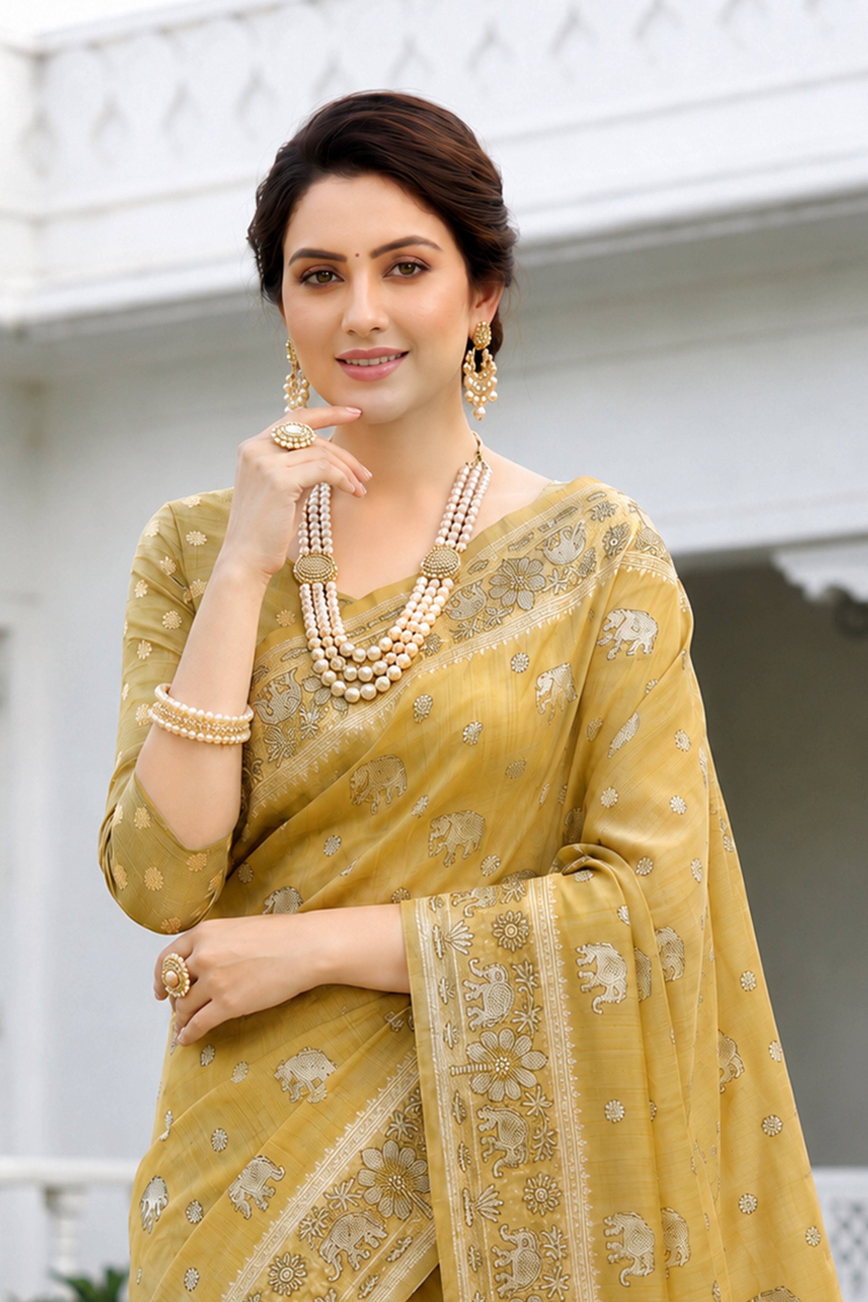 Sangam Prints Honey Gold Cotton Blend Woven Work Traditional Saree | Grocsy