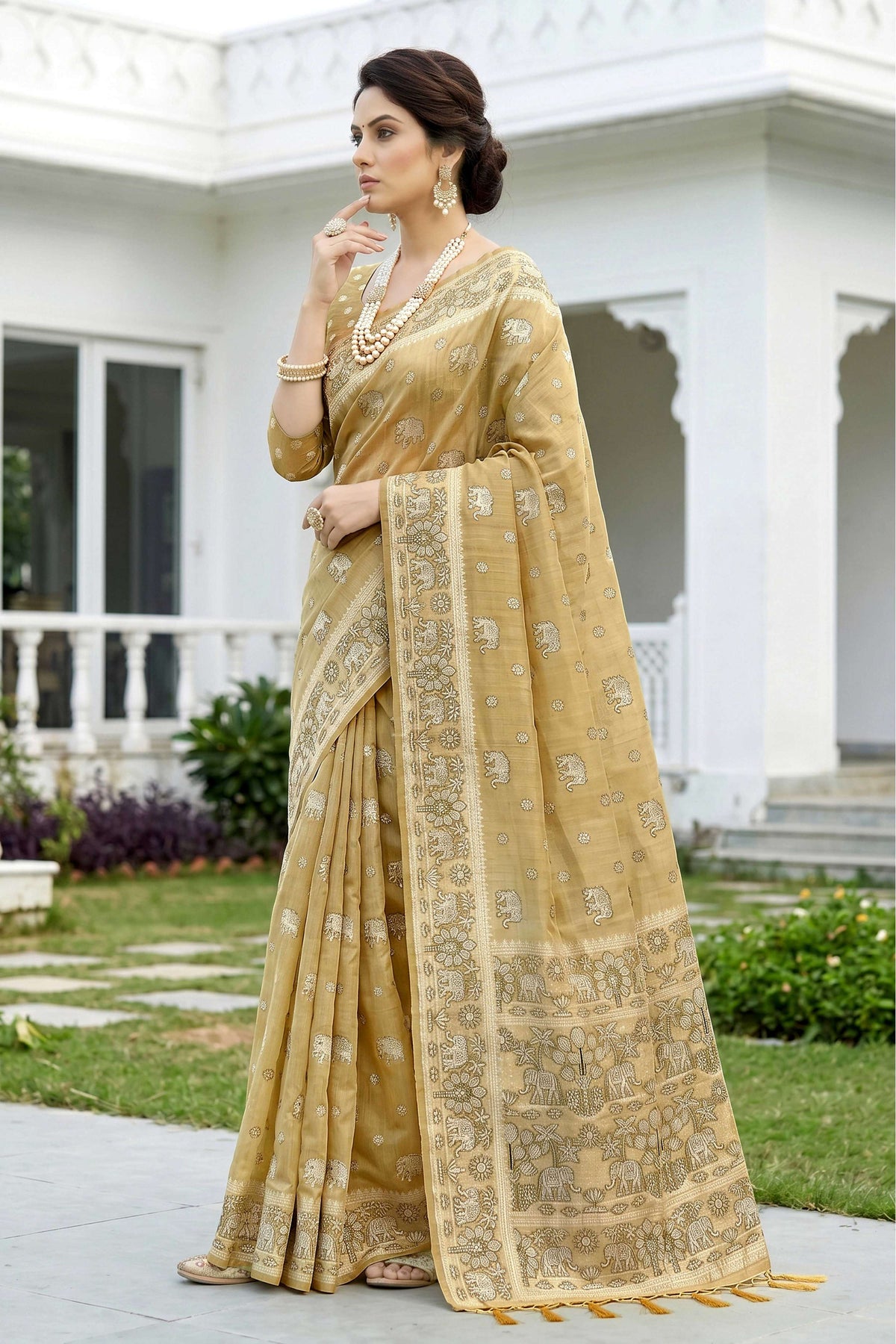 Sangam Prints Honey Gold Cotton Blend Woven Work Traditional Saree | Grocsy