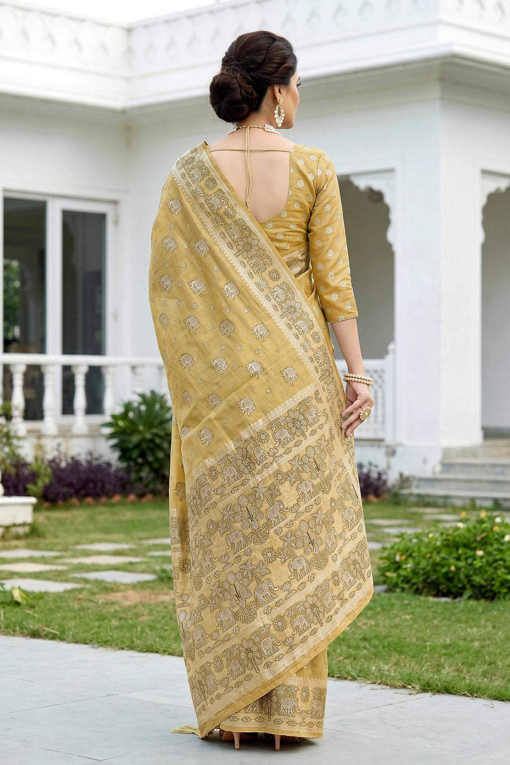 Sangam Prints Honey Gold Cotton Blend Woven Work Traditional Saree | Grocsy