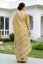 Sangam Prints Honey Gold Cotton Blend Woven Work Traditional Saree | Grocsy