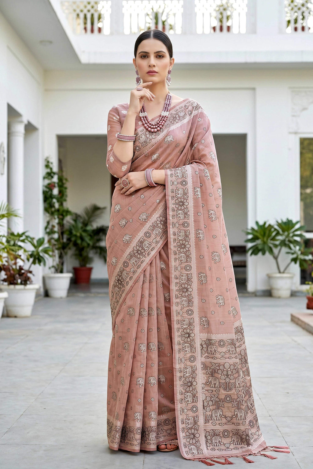 Sangam Prints Dusty Rose Cotton Blend Woven Work Traditional Saree | Grocsy