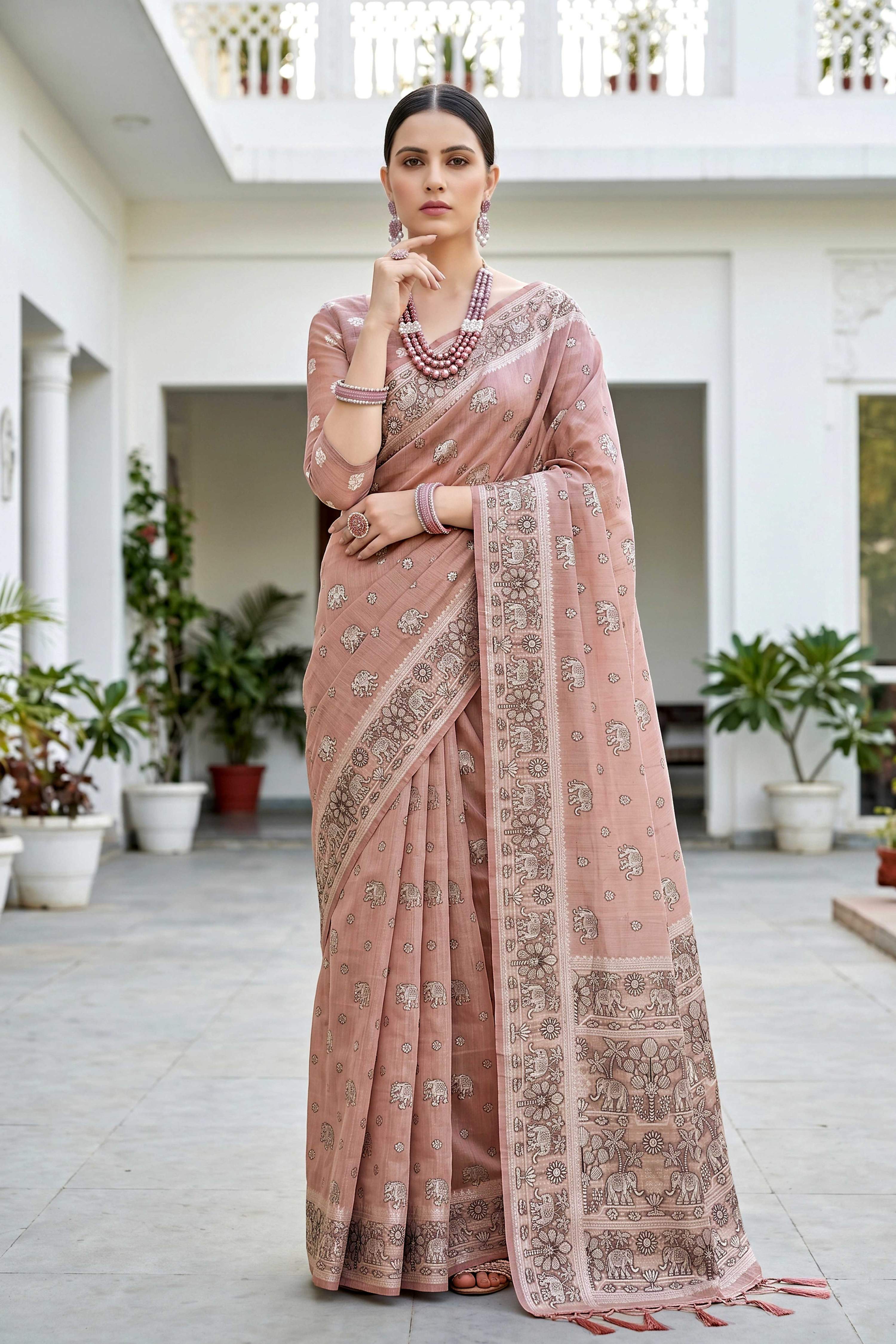 Sangam Prints Dusty Rose Cotton Blend Woven Work Traditional Saree | Grocsy