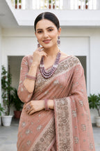 Sangam Prints Dusty Rose Cotton Blend Woven Work Traditional Saree | Grocsy
