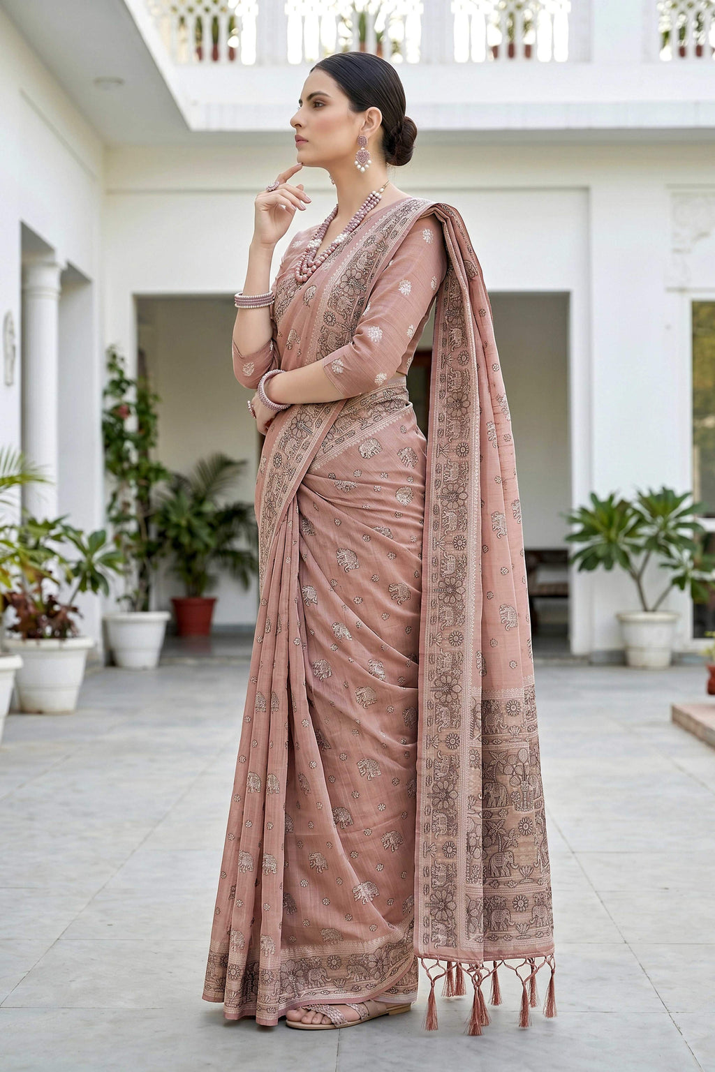 Sangam Prints Dusty Rose Cotton Blend Woven Work Traditional Saree | Grocsy