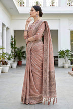 Sangam Prints Dusty Rose Cotton Blend Woven Work Traditional Saree | Grocsy