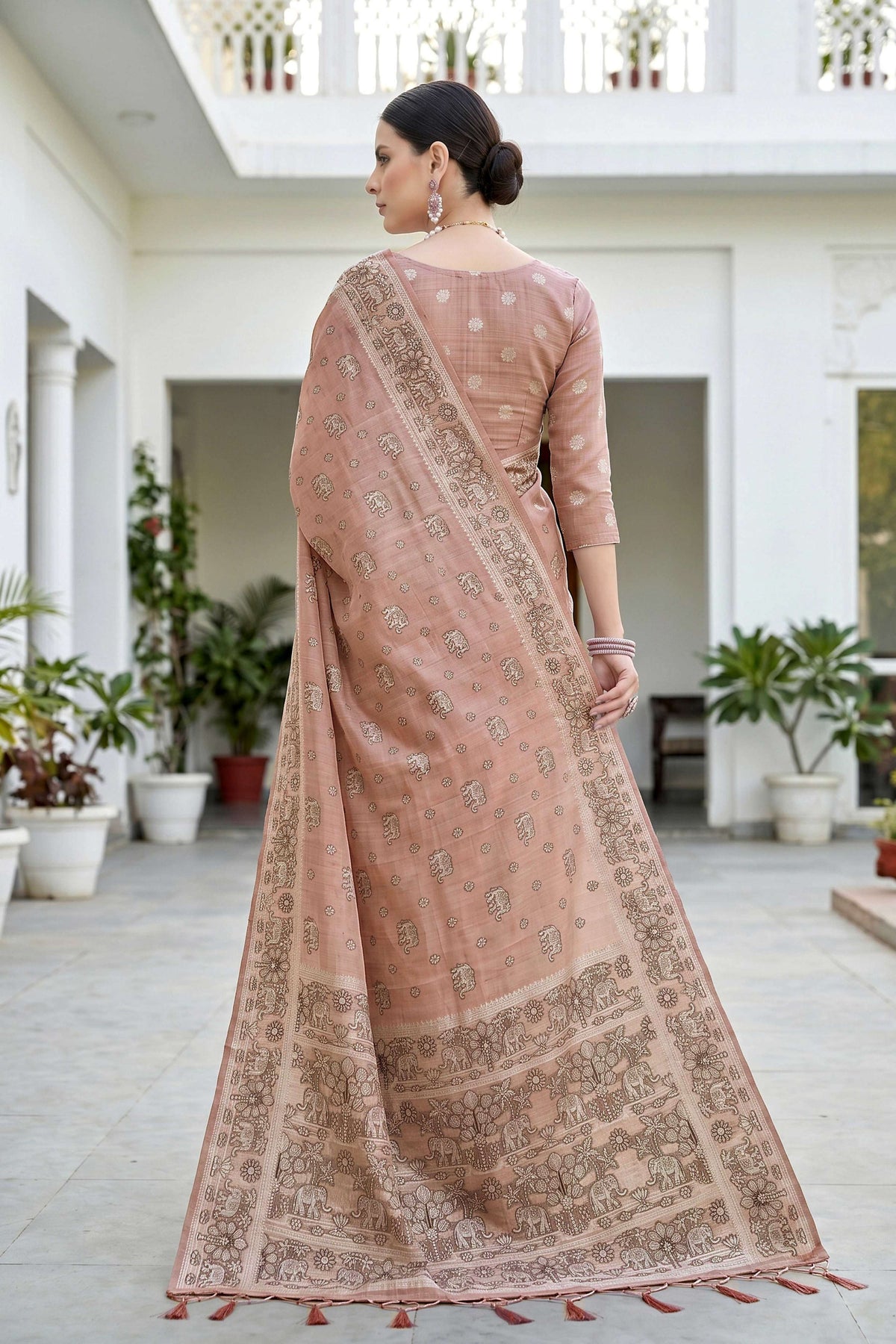 Sangam Prints Dusty Rose Cotton Blend Woven Work Traditional Saree | Grocsy