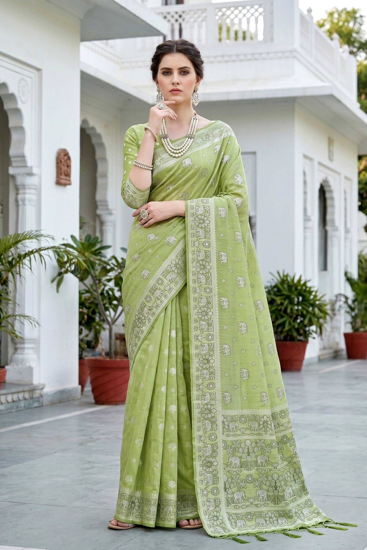 Sangam Prints Pista Green Cotton Blend Woven Work Traditional Saree | Grocsy
